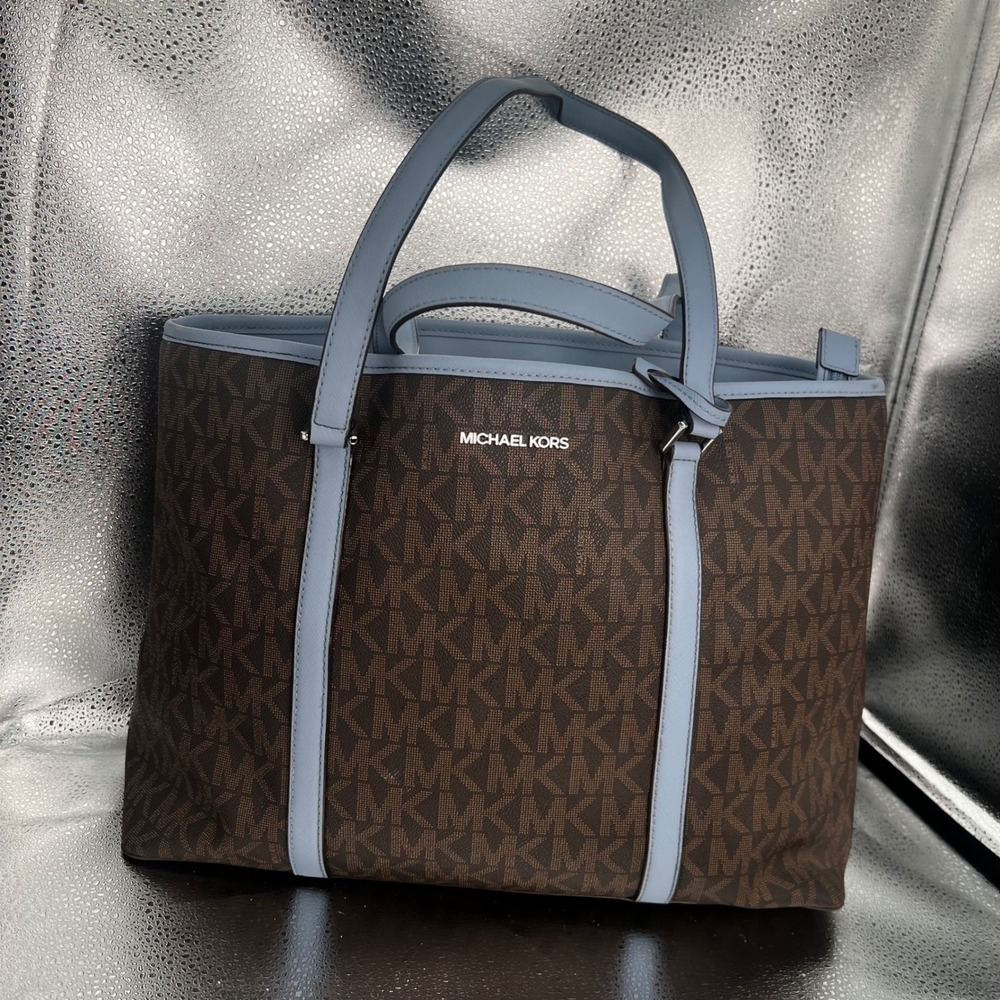 Michael Kors Kim Tote Bag Brown Signature Logo Light Blue Leather Trim Zip Top